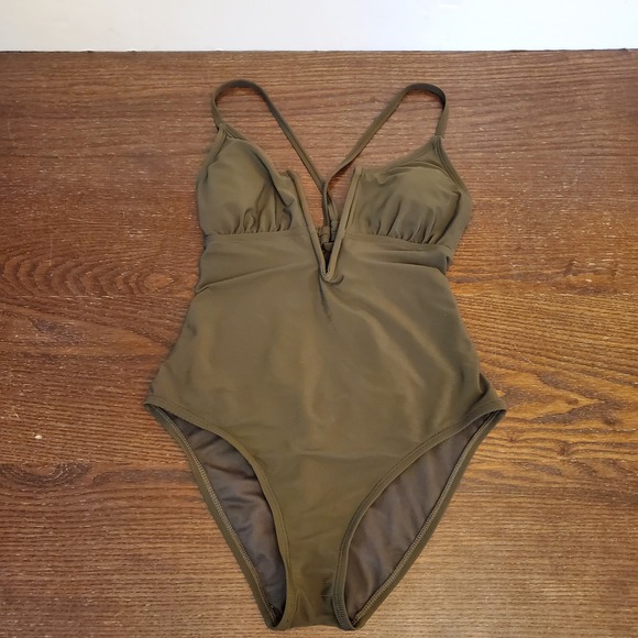 Shade & Shore Ribbed Plunge Front V-Wire One Piece Womens M Back Tie Swimsuit - Picture 6 of 12